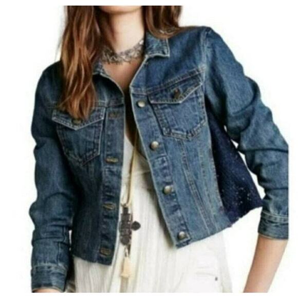 FREE PEOPLE NWT Floral Lace & Dark Denim Jean Jacket – Size XS - Picture 2 of 13
